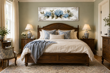 Shabby Chic Blue Hydrangea Long Horizontal Canvas Wall Art Above Bed Decor
