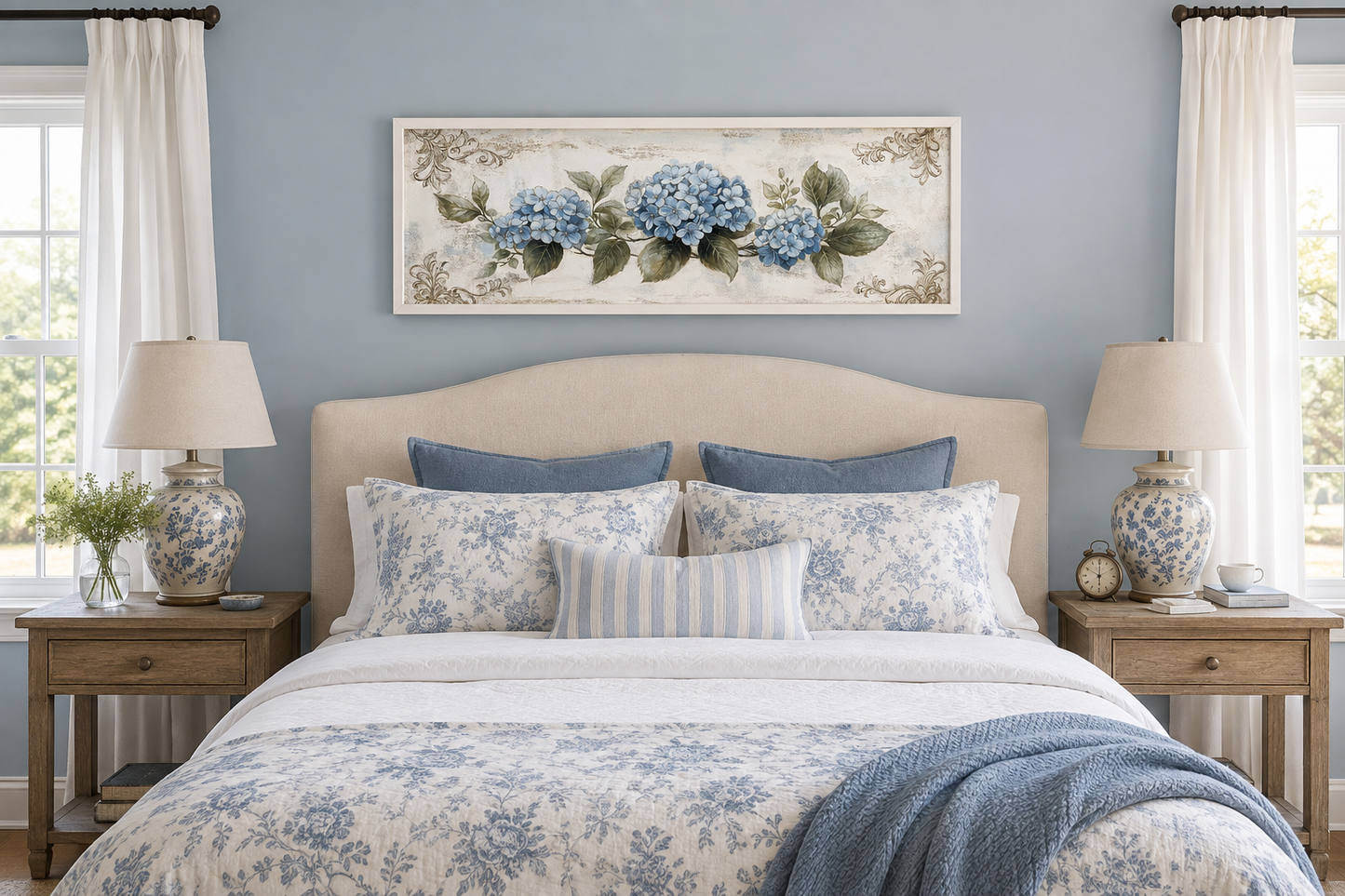 Shabby Chic Blue Hydrangea Long Horizontal Canvas Wall Art Above Bed Decor