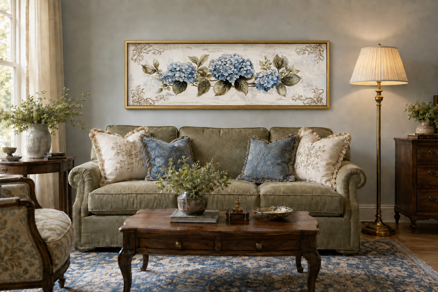 Shabby Chic Blue Hydrangea Long Horizontal Canvas Wall Art Above Bed Decor