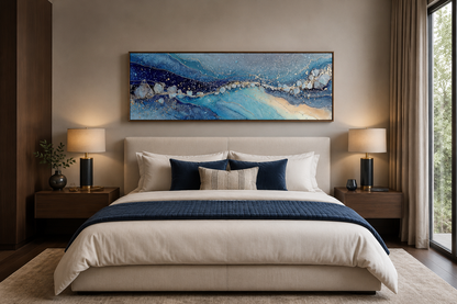 Modern Long Horizontal Blue And Navy Above Bed Or Couch Canvas Art