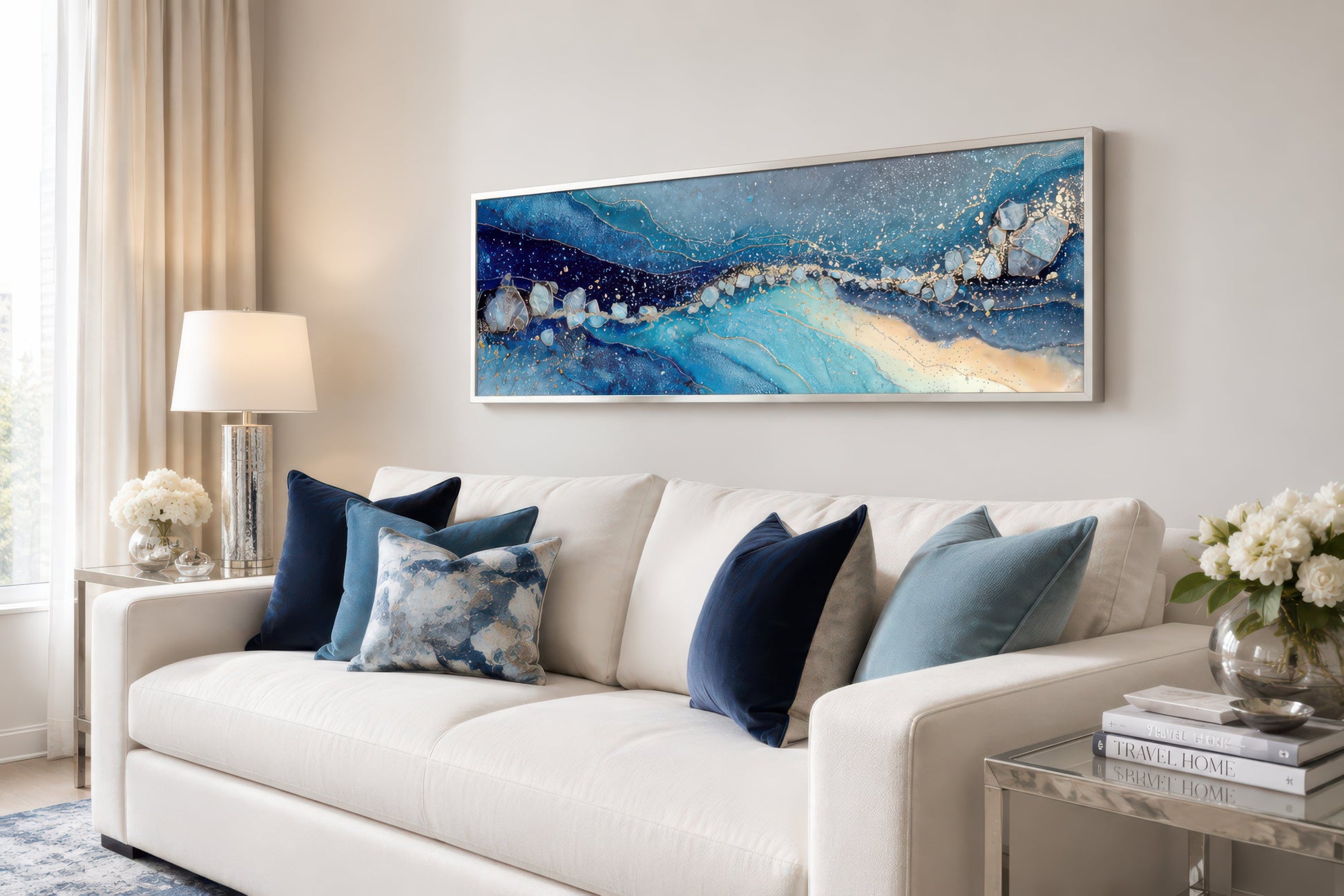 Modern Long Horizontal Blue And Navy Above Bed Or Couch Canvas Art
