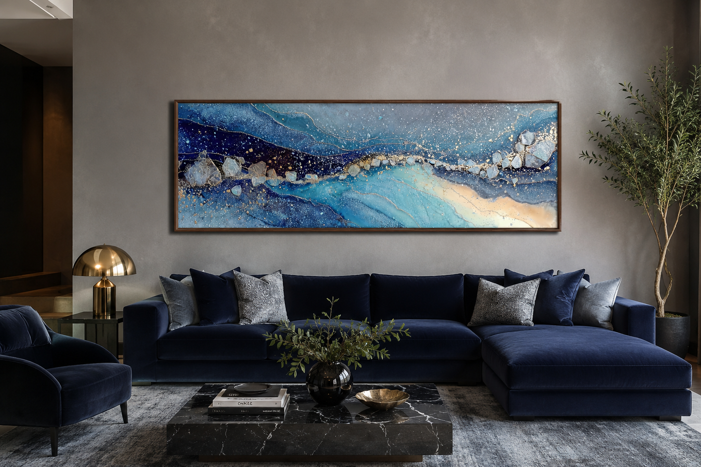 Modern Long Horizontal Blue And Navy Above Bed Or Couch Canvas Art