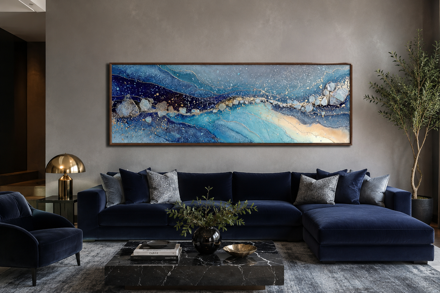 Modern Long Horizontal Blue And Navy Above Bed Or Couch Canvas Art