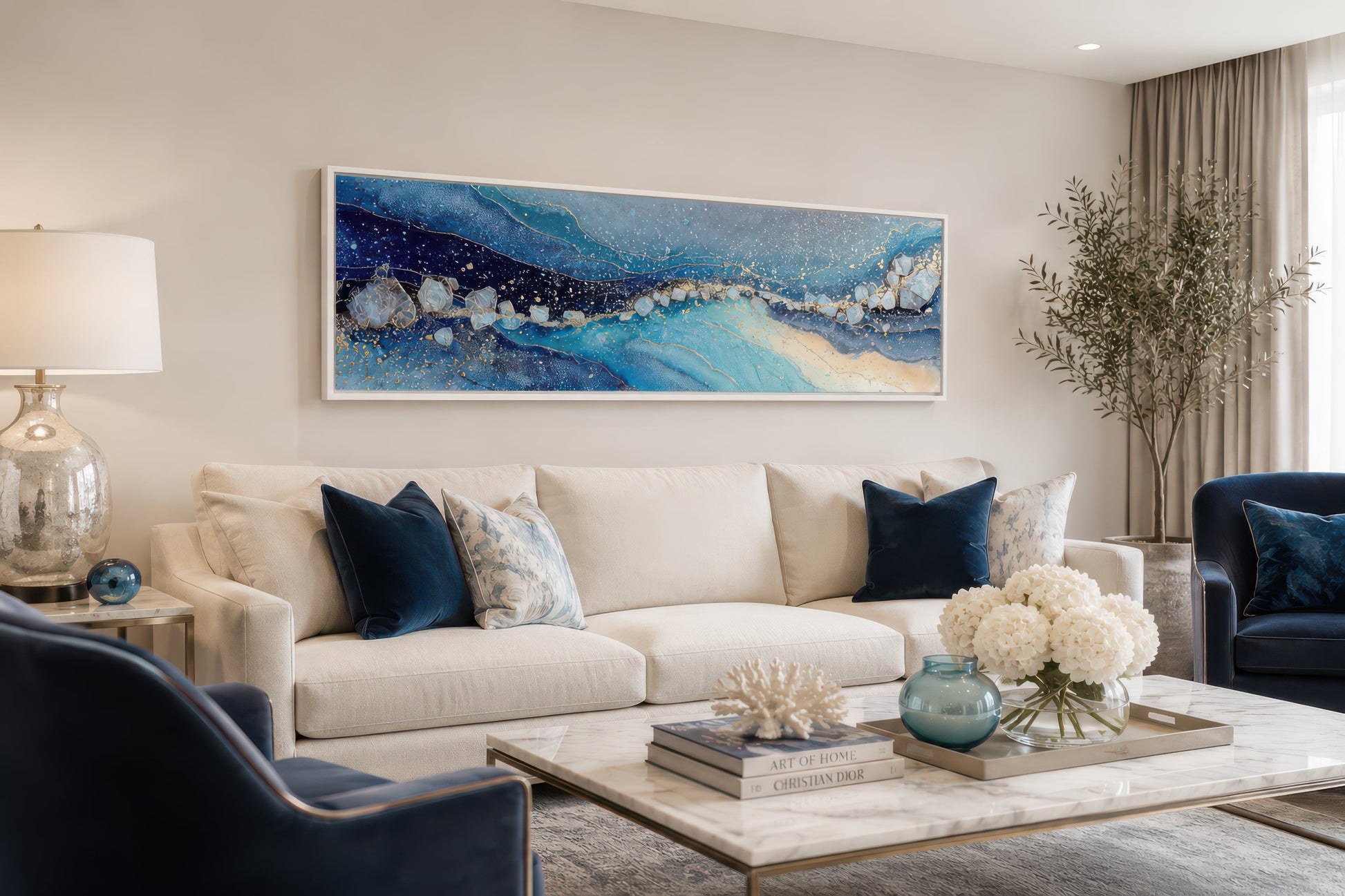 Modern Long Horizontal Blue And Navy Above Bed Or Couch Canvas Art