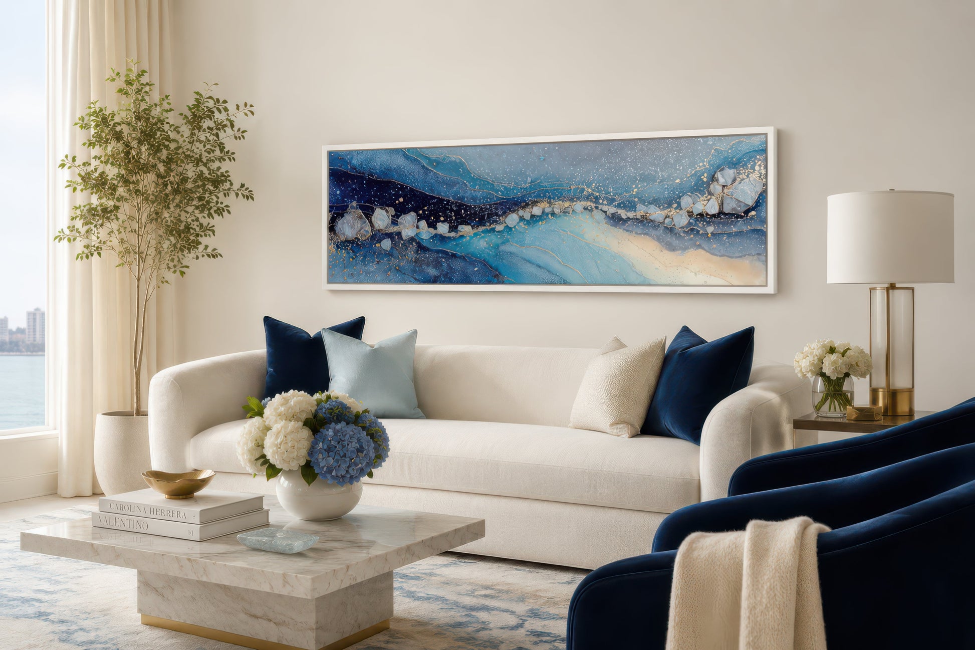 Modern Long Horizontal Blue And Navy Above Bed Or Couch Canvas Art