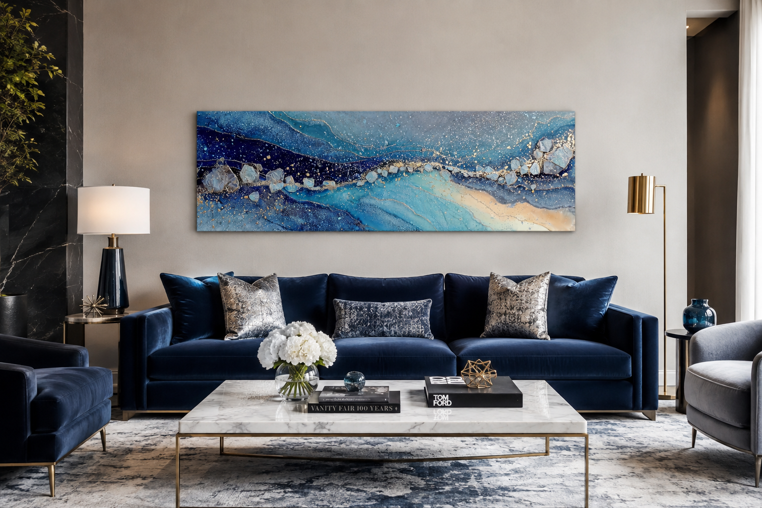 Modern Long Horizontal Blue And Navy Above Bed Or Couch Canvas Art