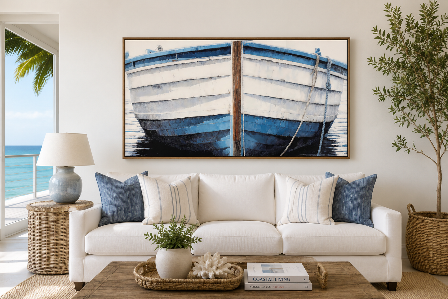 Blue White Rustic Boat Painting Canvas Wall Art