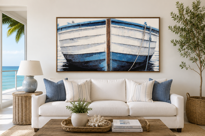 Blue White Rustic Boat Painting Canvas Wall Art