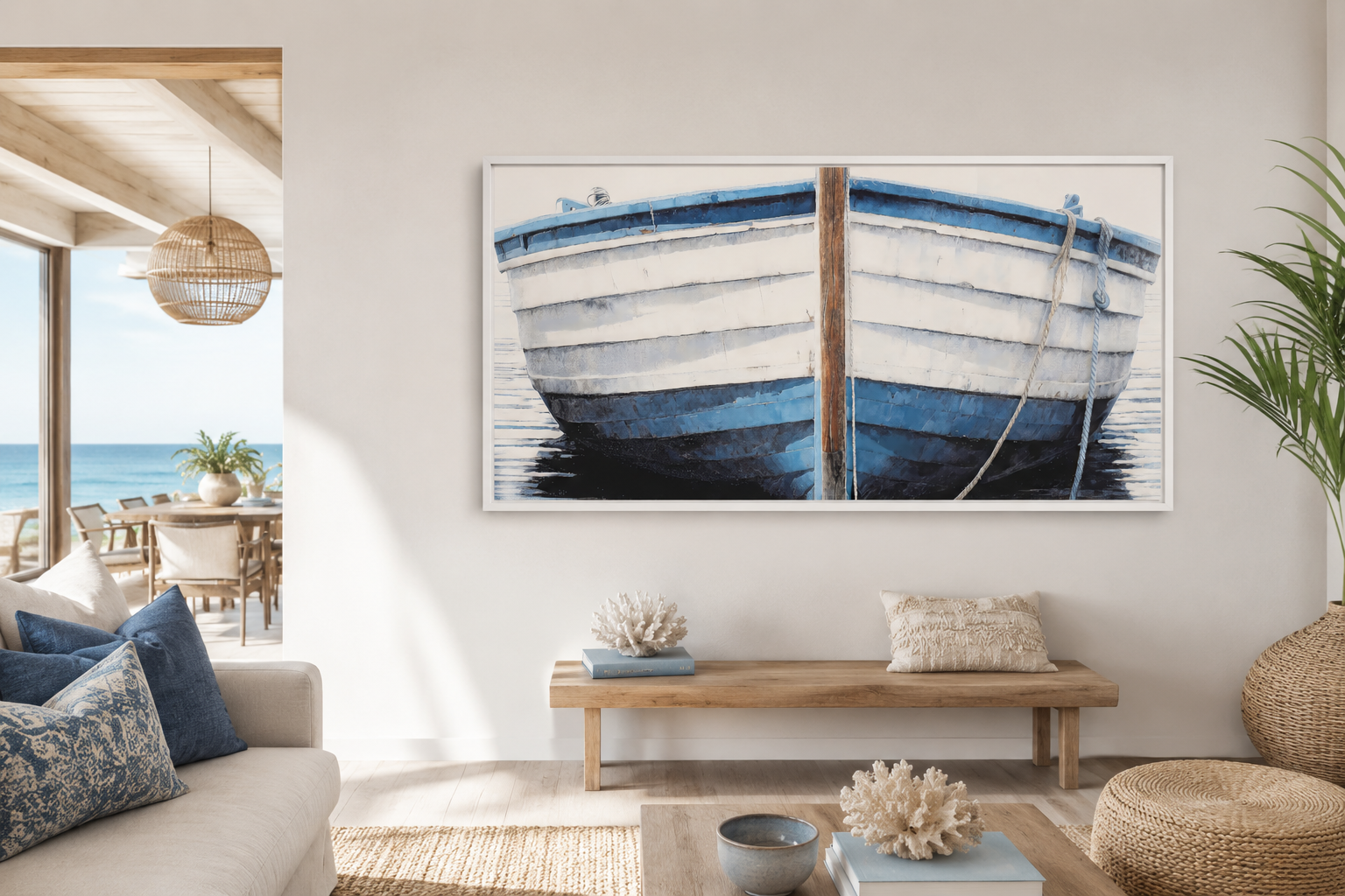 Blue White Rustic Boat Painting Canvas Wall Art