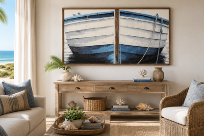 Blue White Rustic Boat Painting Canvas Wall Art