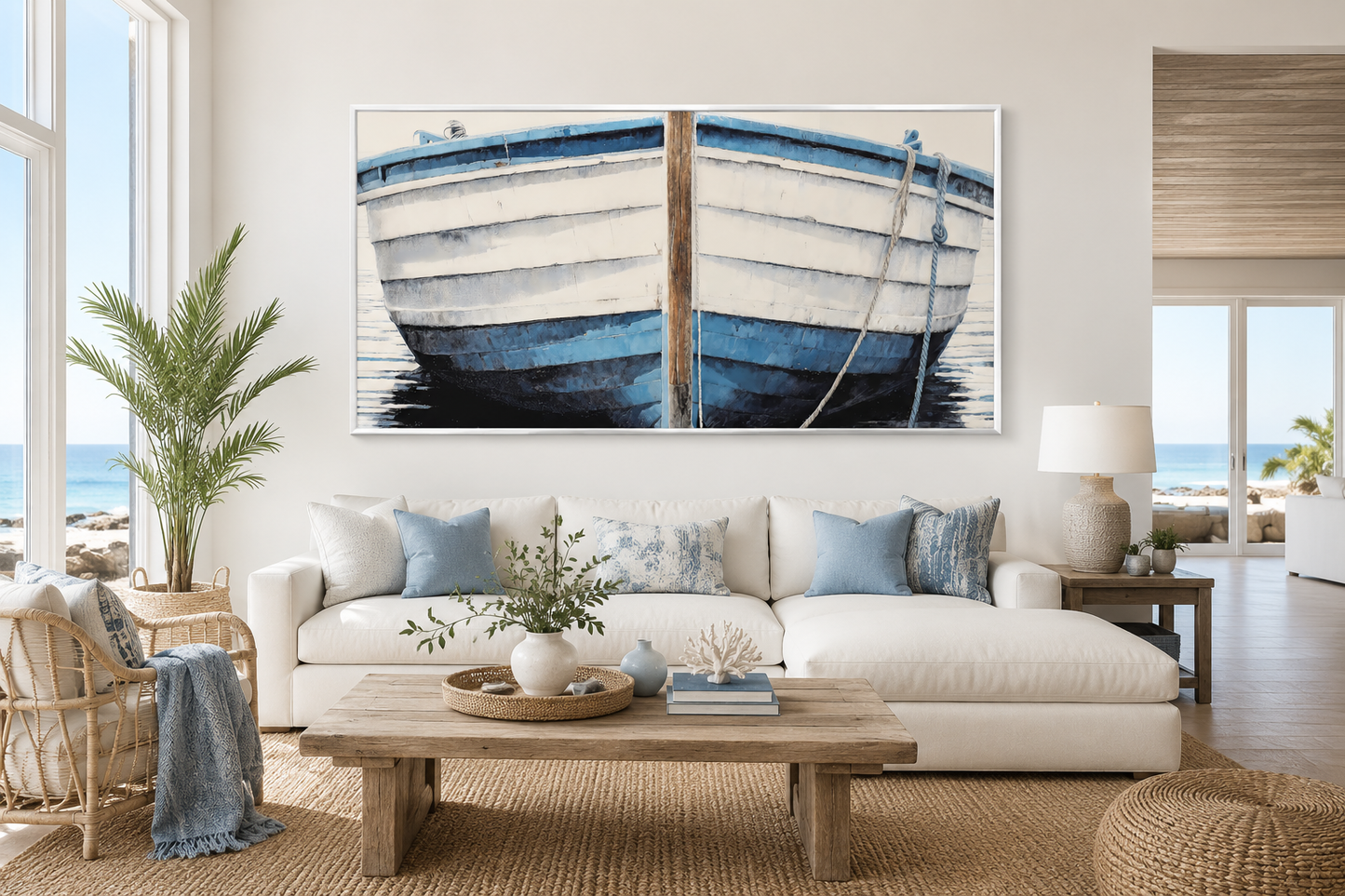 Blue White Rustic Boat Painting Canvas Wall Art