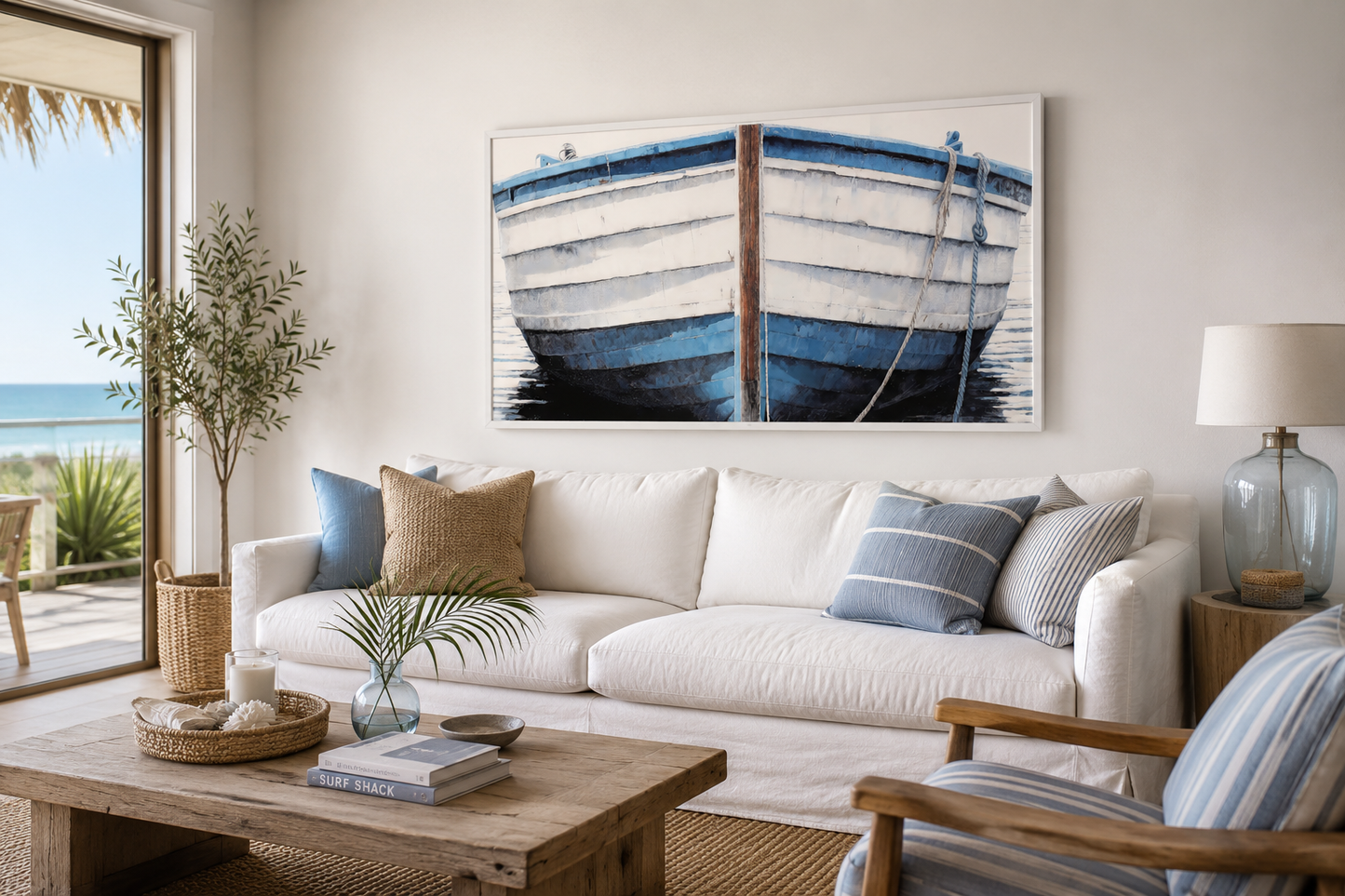 Blue White Rustic Boat Painting Canvas Wall Art