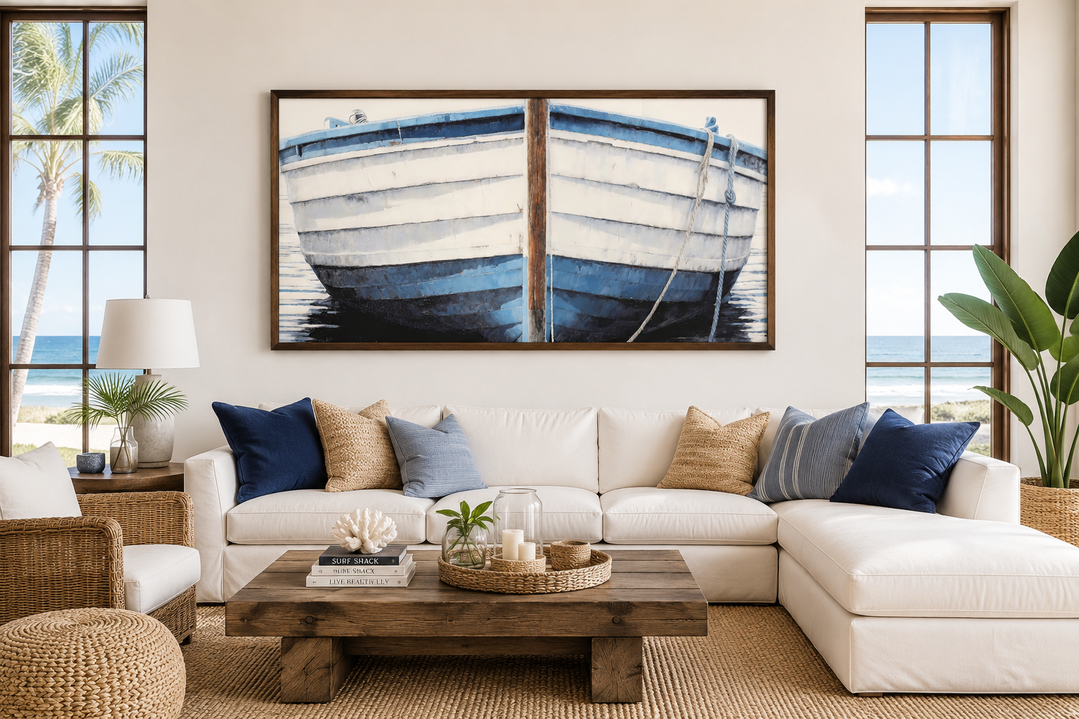 Blue White Rustic Boat Painting Canvas Wall Art