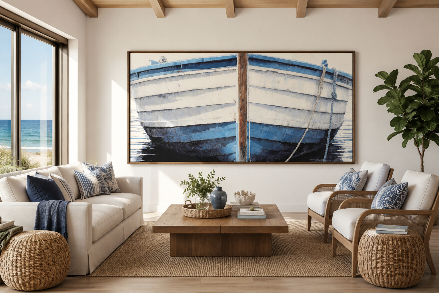 Blue White Rustic Boat Painting Canvas Wall Art