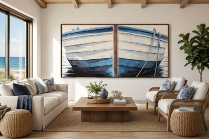 Blue White Rustic Boat Painting Canvas Wall Art