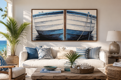 Blue White Rustic Boat Painting Canvas Wall Art