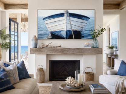 Rustic Boat Wall Art – Blue White Boat Wall Decor | Coastal Nautical Canvas Print