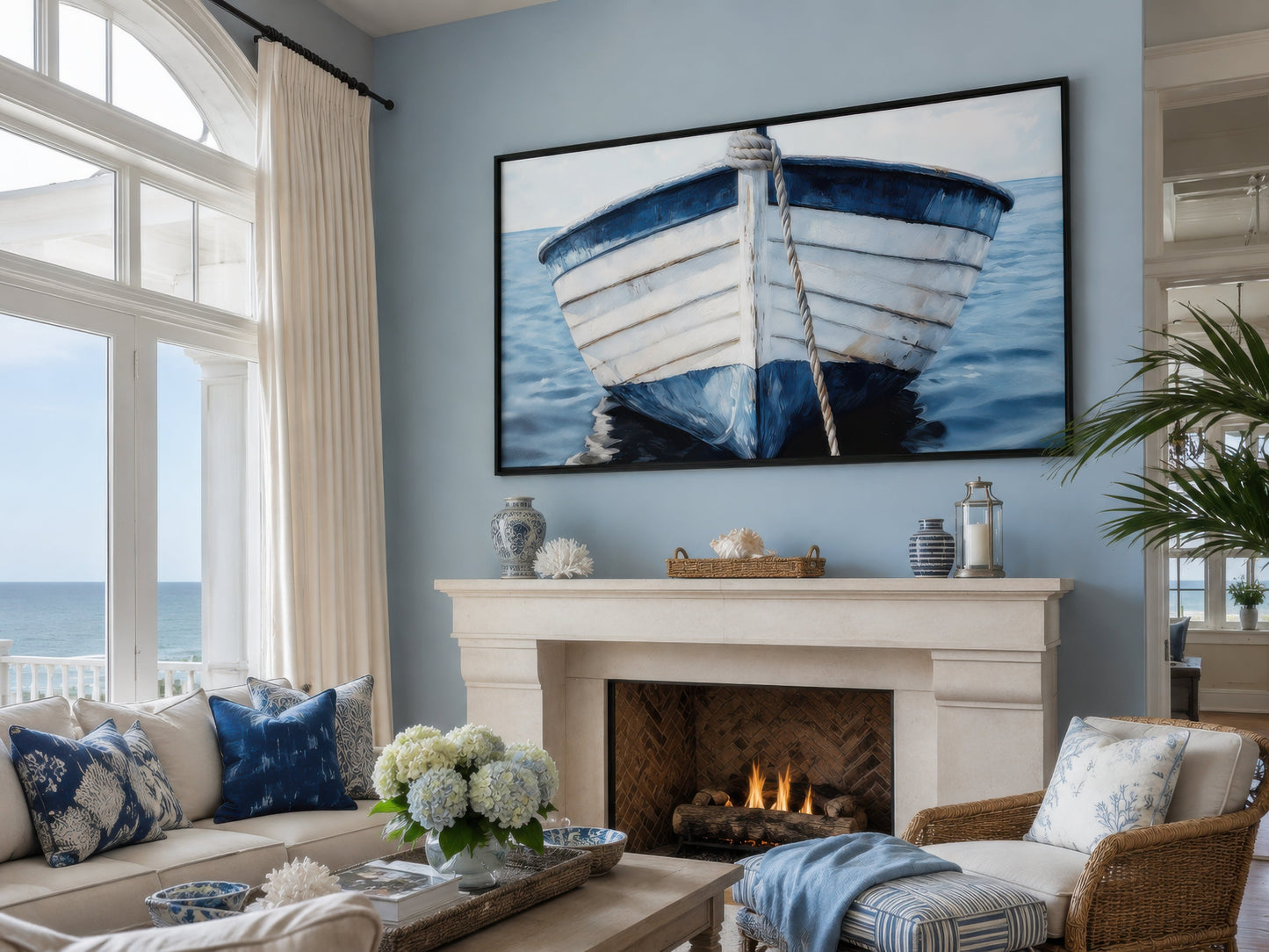 Rustic Boat Wall Art – Blue White Boat Wall Decor | Coastal Nautical Canvas Print