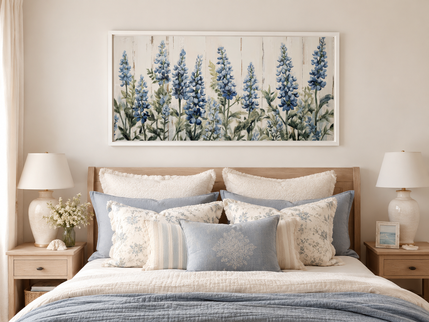 Texas Bluebonnets Painted On Wood Rustic Framed Canvas Wall Art For Above Bed Or Couch Decor