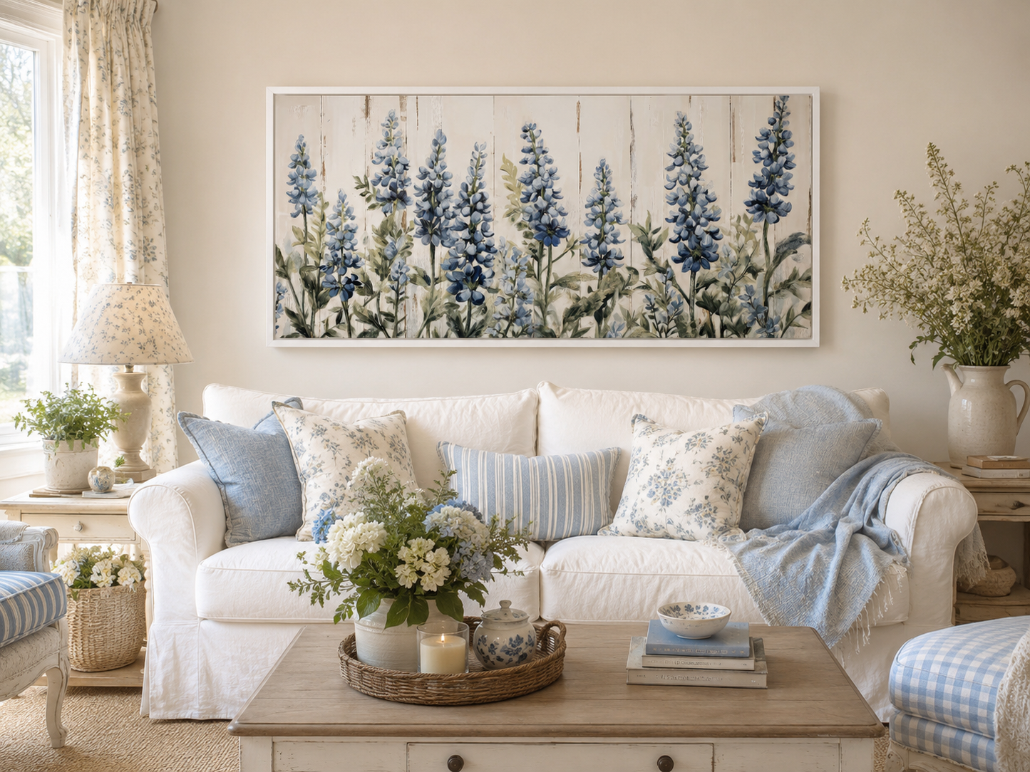 Texas Bluebonnets Painted On Wood Rustic Framed Canvas Wall Art For Above Bed Or Couch Decor