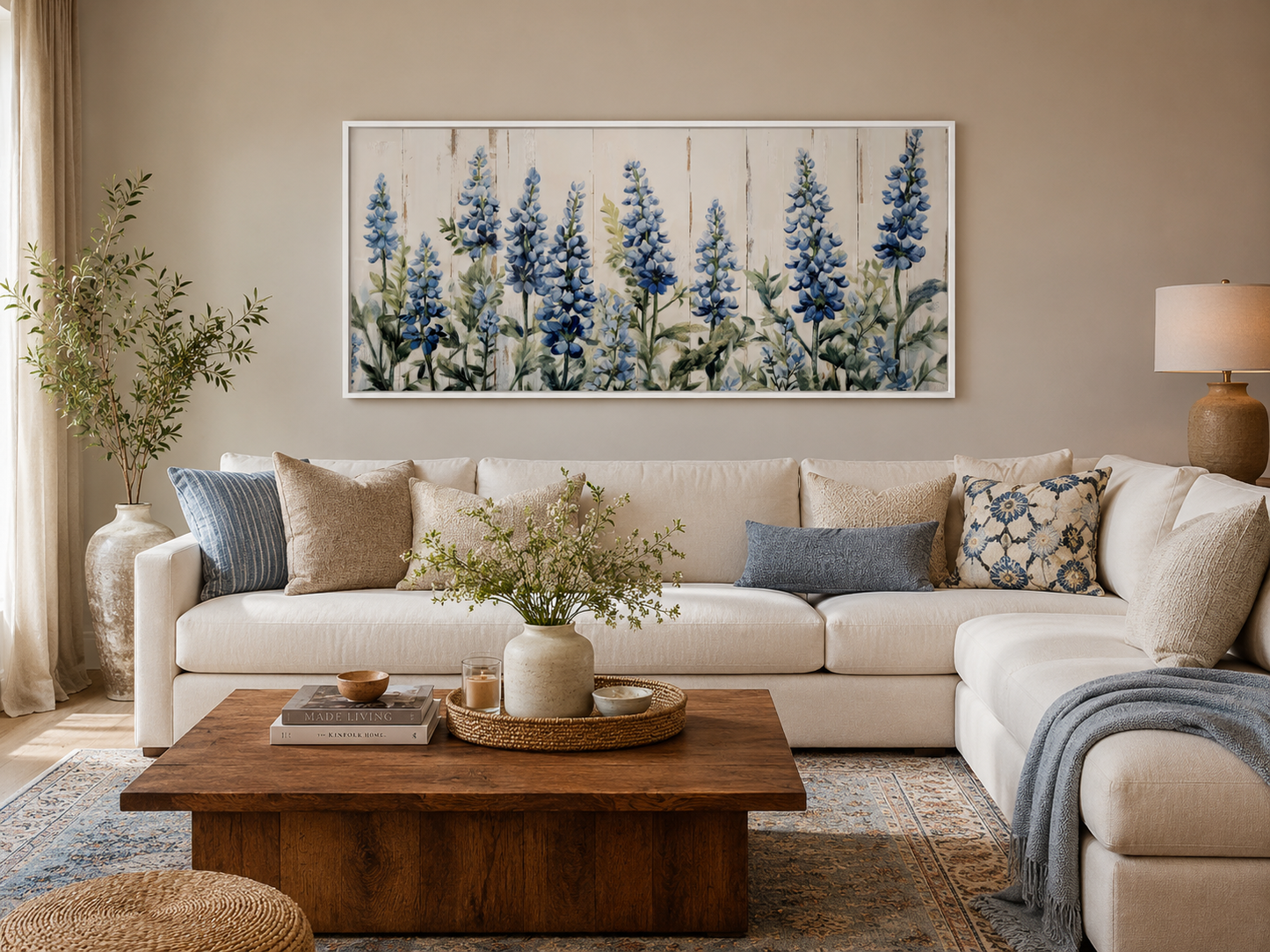Texas Bluebonnets Painted On Wood Rustic Framed Canvas Wall Art For Above Bed Or Couch Decor