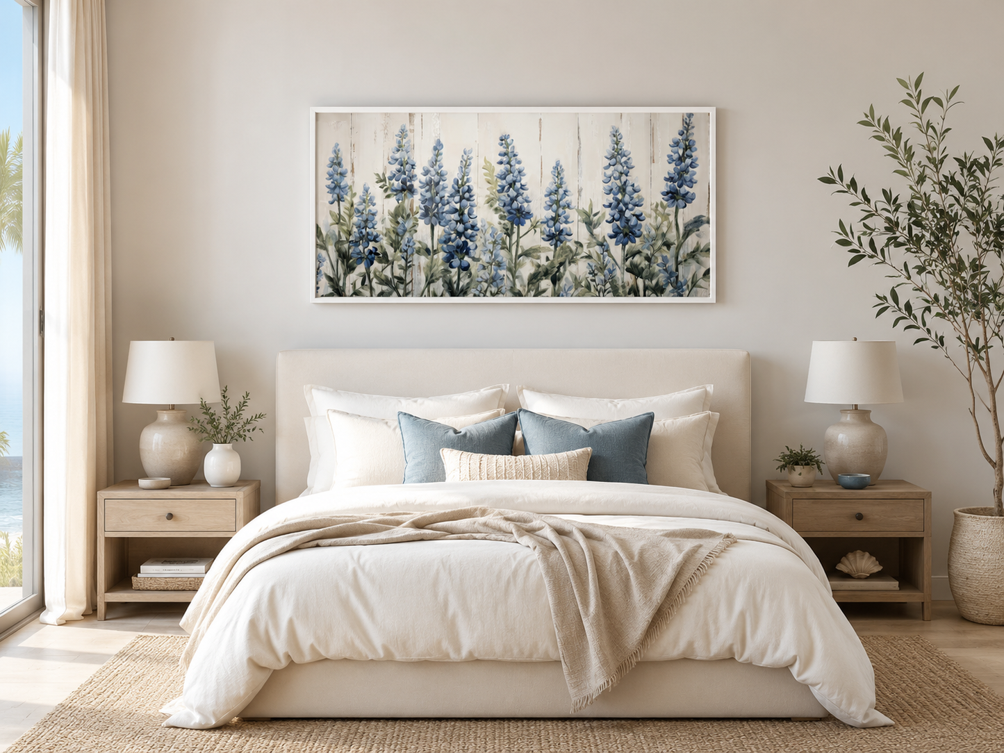Texas Bluebonnets Painted On Wood Rustic Framed Canvas Wall Art For Above Bed Or Couch Decor