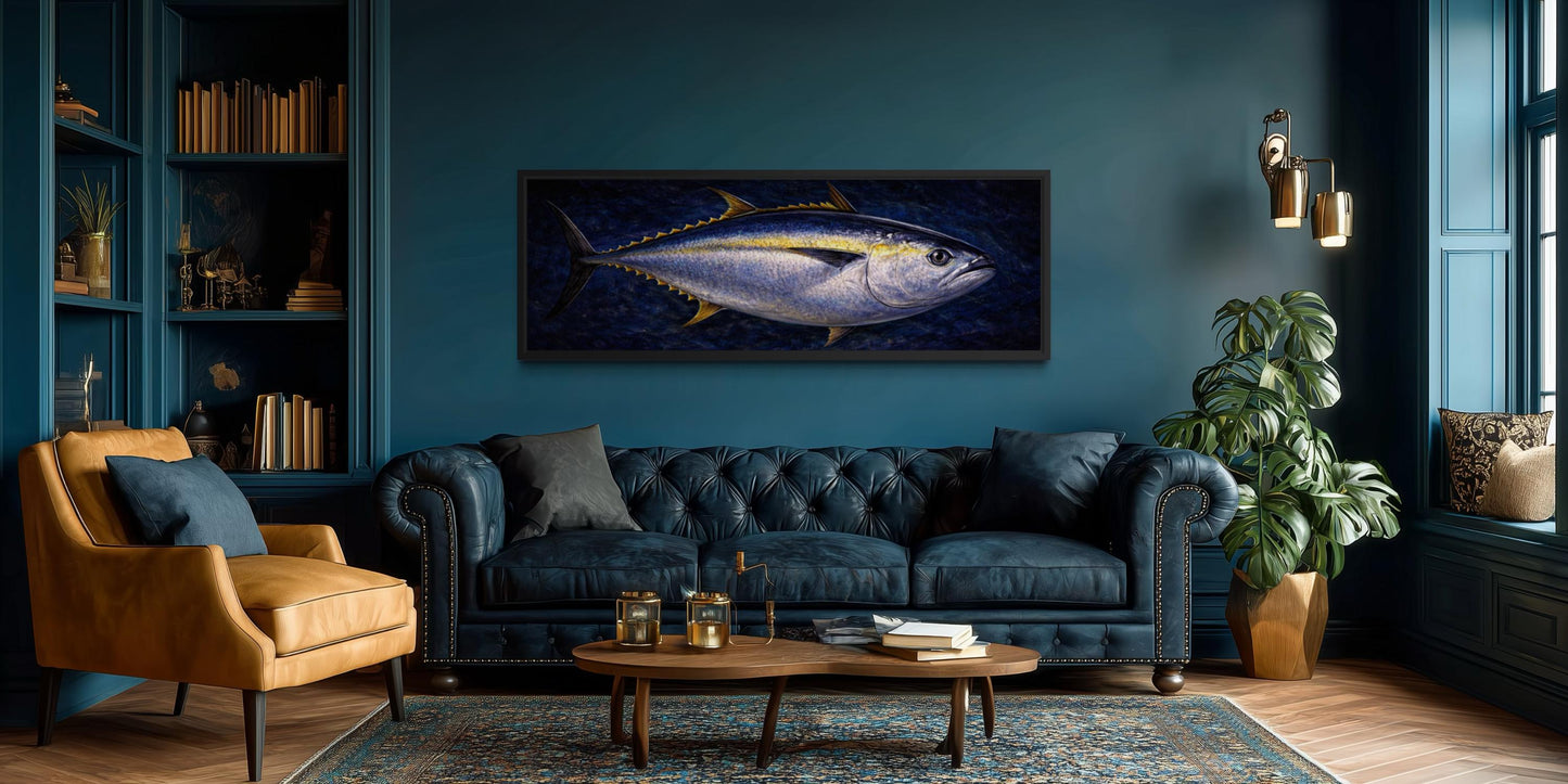 Bluefin Tuna Wall Art – Long Horizontal Canvas Fish Painting | Nautical Decor