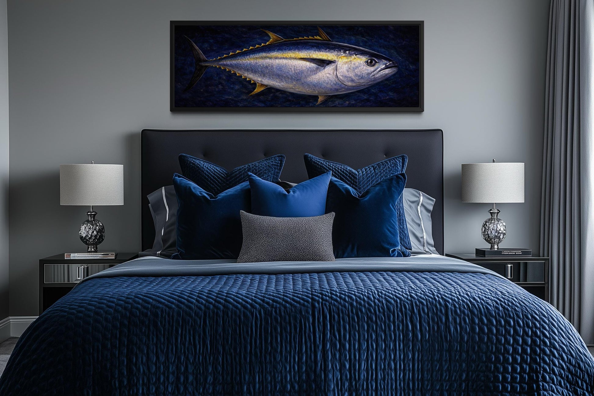 Bluefin Tuna Wall Art – Long Horizontal Canvas Fish Painting | Nautical Decor