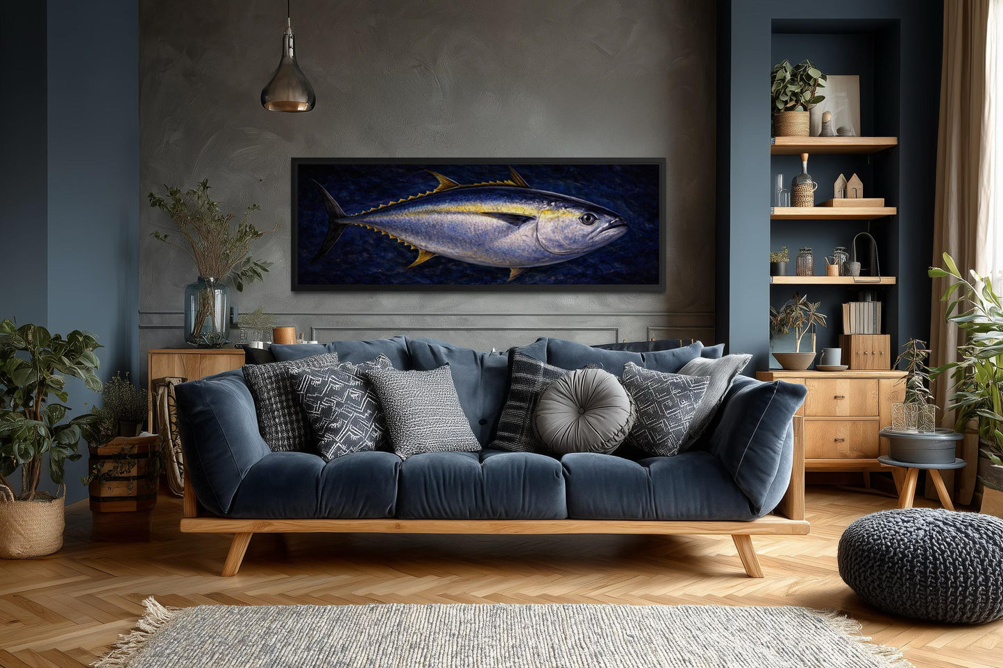 Bluefin Tuna Wall Art – Long Horizontal Canvas Fish Painting | Nautical Decor