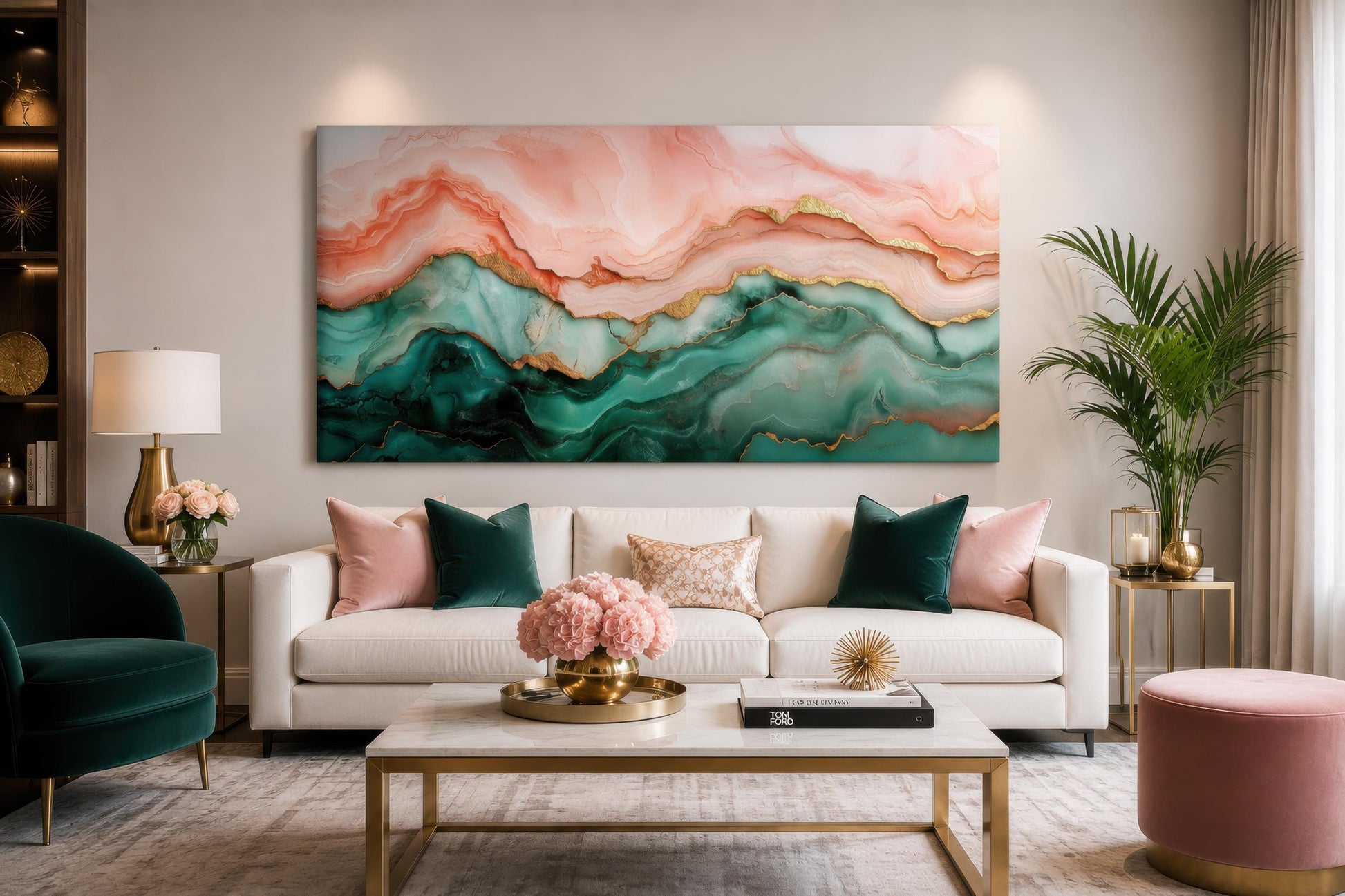 Blush Pink Green Abstract Marble Canvas Wall Art with Gold Veins