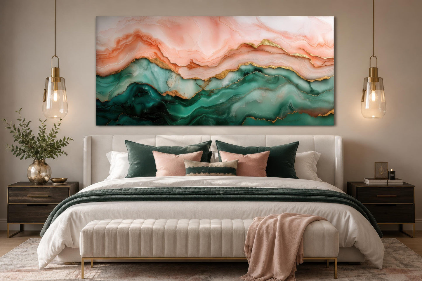 Blush Pink Green Abstract Marble Canvas Wall Art with Gold Veins
