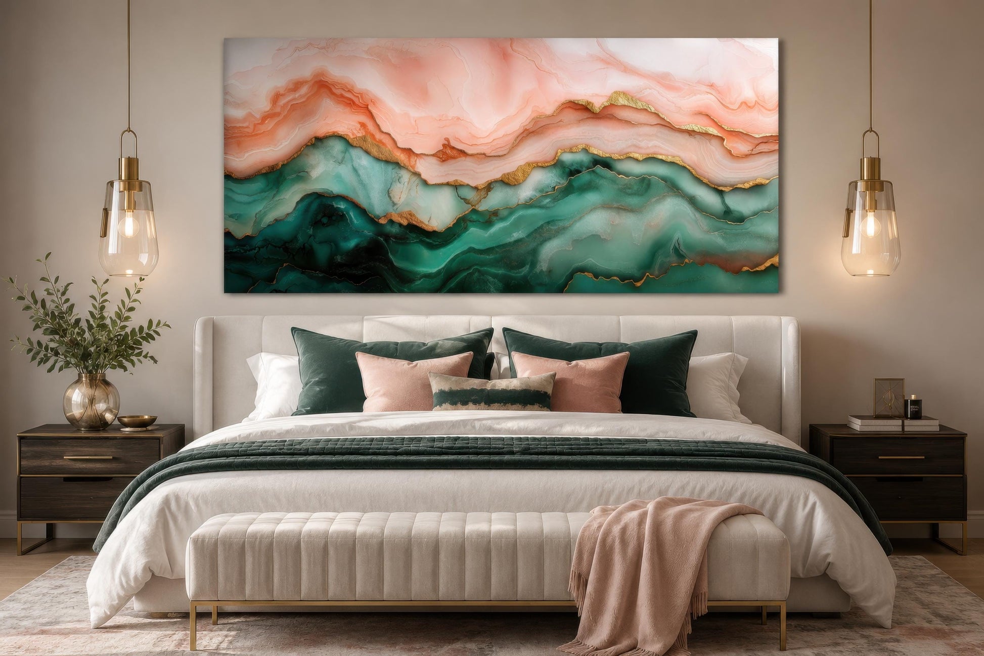 Blush Pink Green Abstract Marble Canvas Wall Art with Gold Veins