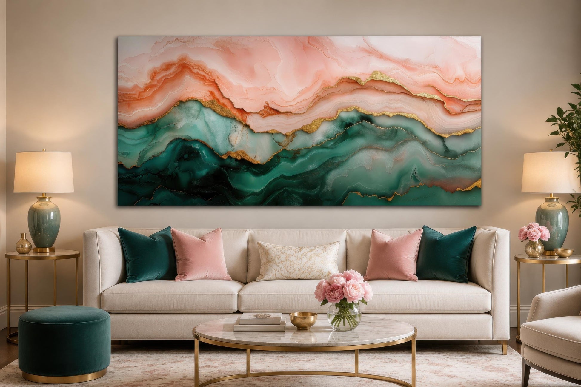 Blush Pink Green Abstract Marble Canvas Wall Art with Gold Veins