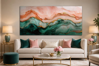 Blush Pink Green Abstract Marble Canvas Wall Art with Gold Veins