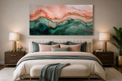 Blush Pink Green Abstract Marble Canvas Wall Art with Gold Veins