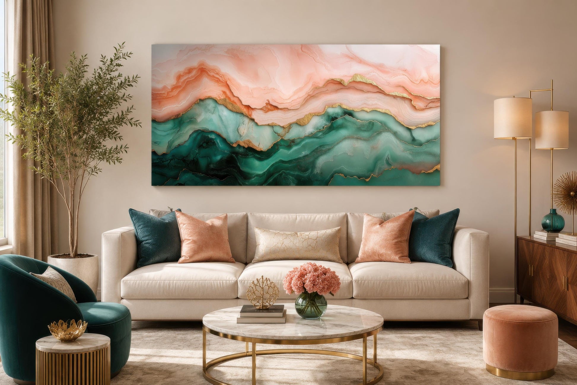 Blush Pink Green Abstract Marble Canvas Wall Art with Gold Veins