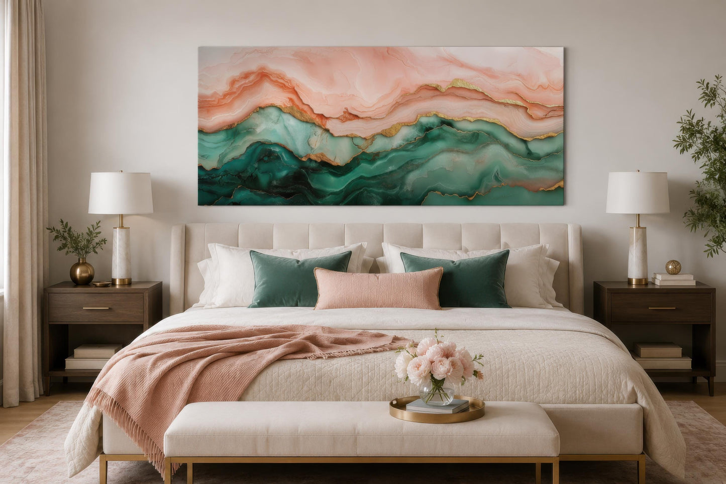 Blush Pink Green Abstract Marble Canvas Wall Art with Gold Veins