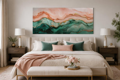 Blush Pink Green Abstract Marble Canvas Wall Art with Gold Veins