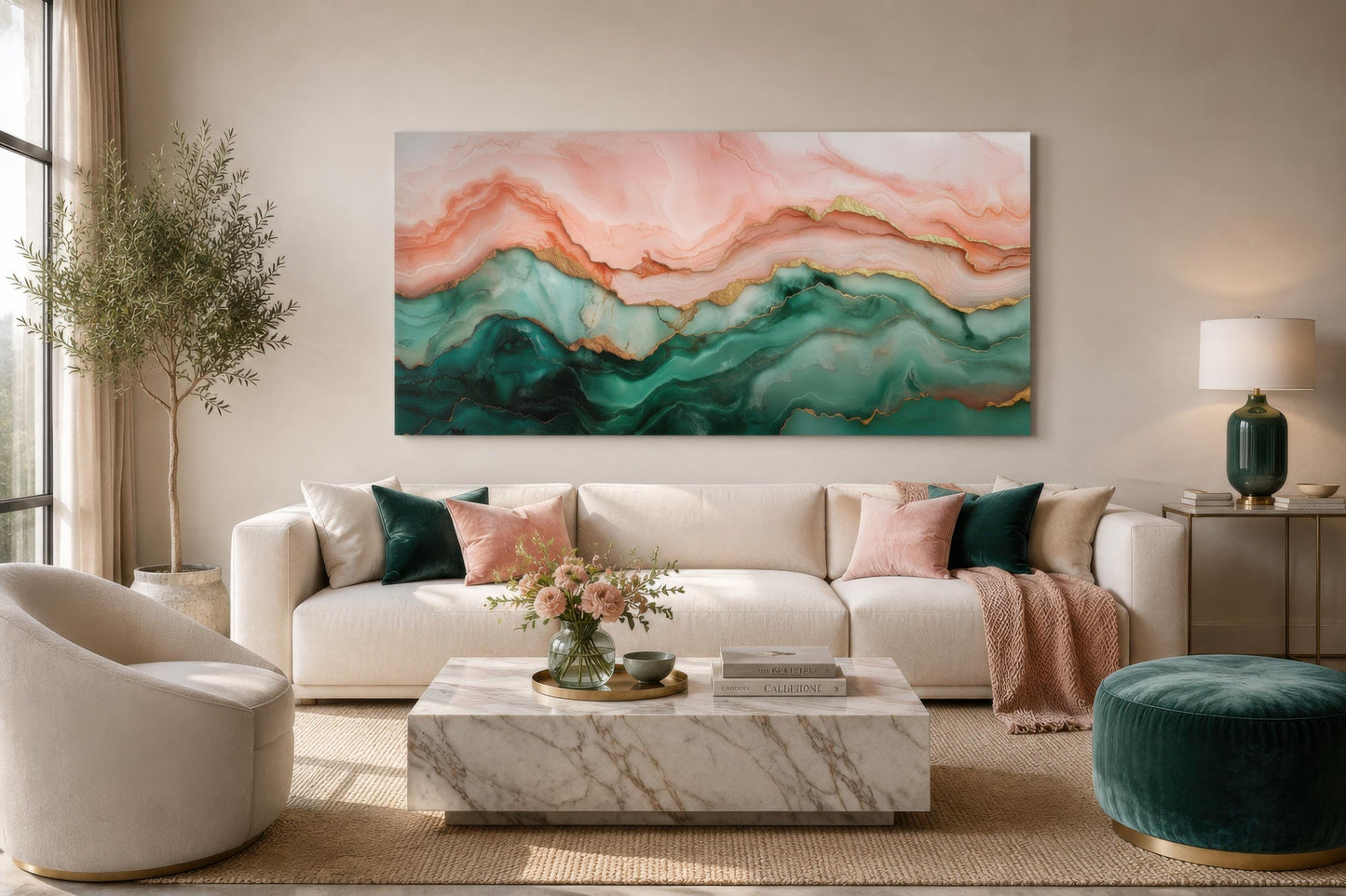 Blush Pink Green Abstract Marble Canvas Wall Art with Gold Veins