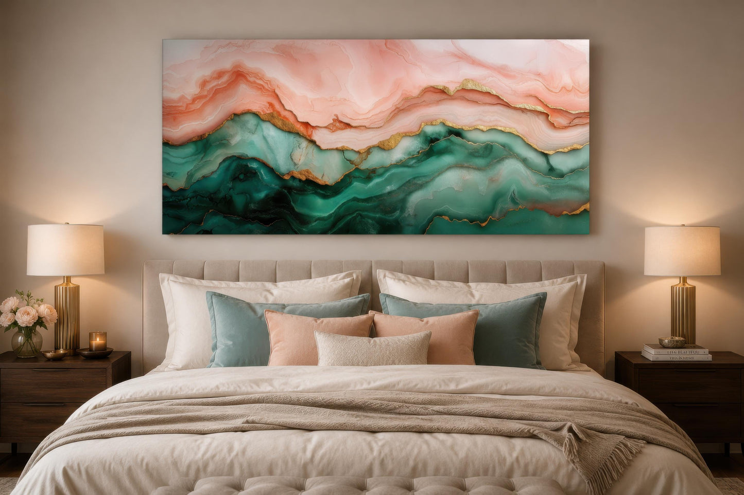 Blush Pink Green Abstract Marble Canvas Wall Art with Gold Veins