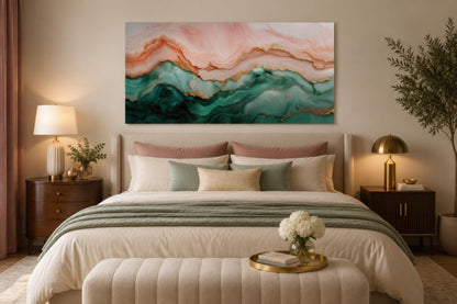 Blush Pink Green Abstract Marble Canvas Wall Art with Gold Veins
