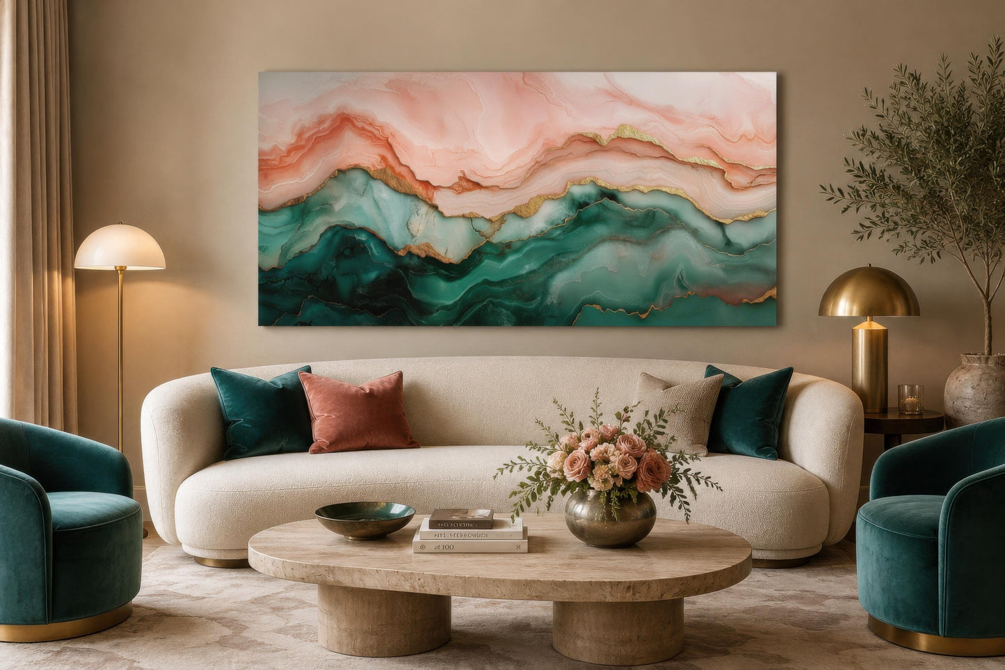 Blush Pink Green Abstract Marble Canvas Wall Art with Gold Veins