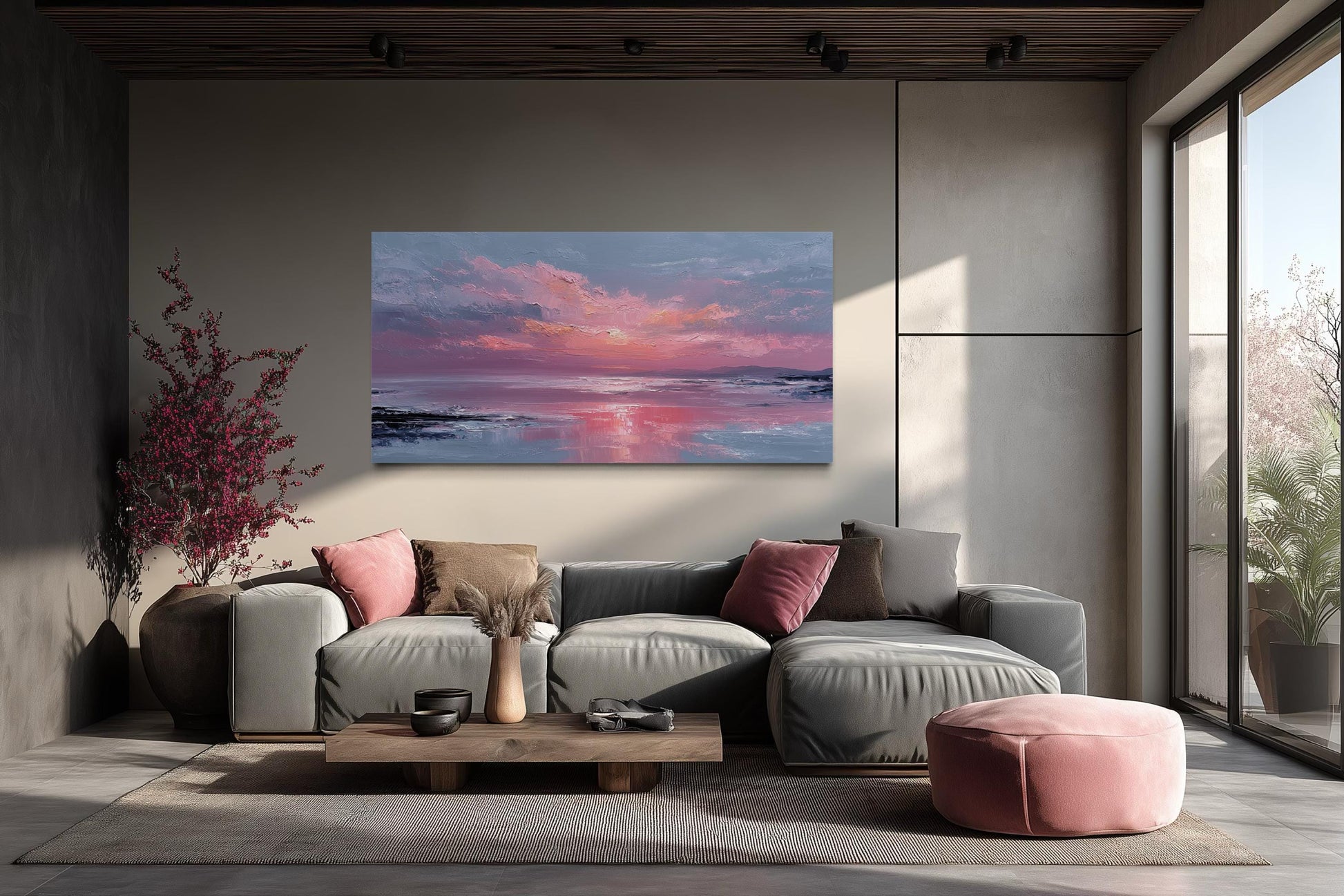 Blush Pink Ocean Sunset Coastal Canvas Wall Art