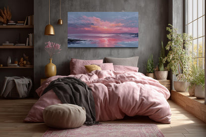 Blush Pink Ocean Sunset Coastal Canvas Wall Art