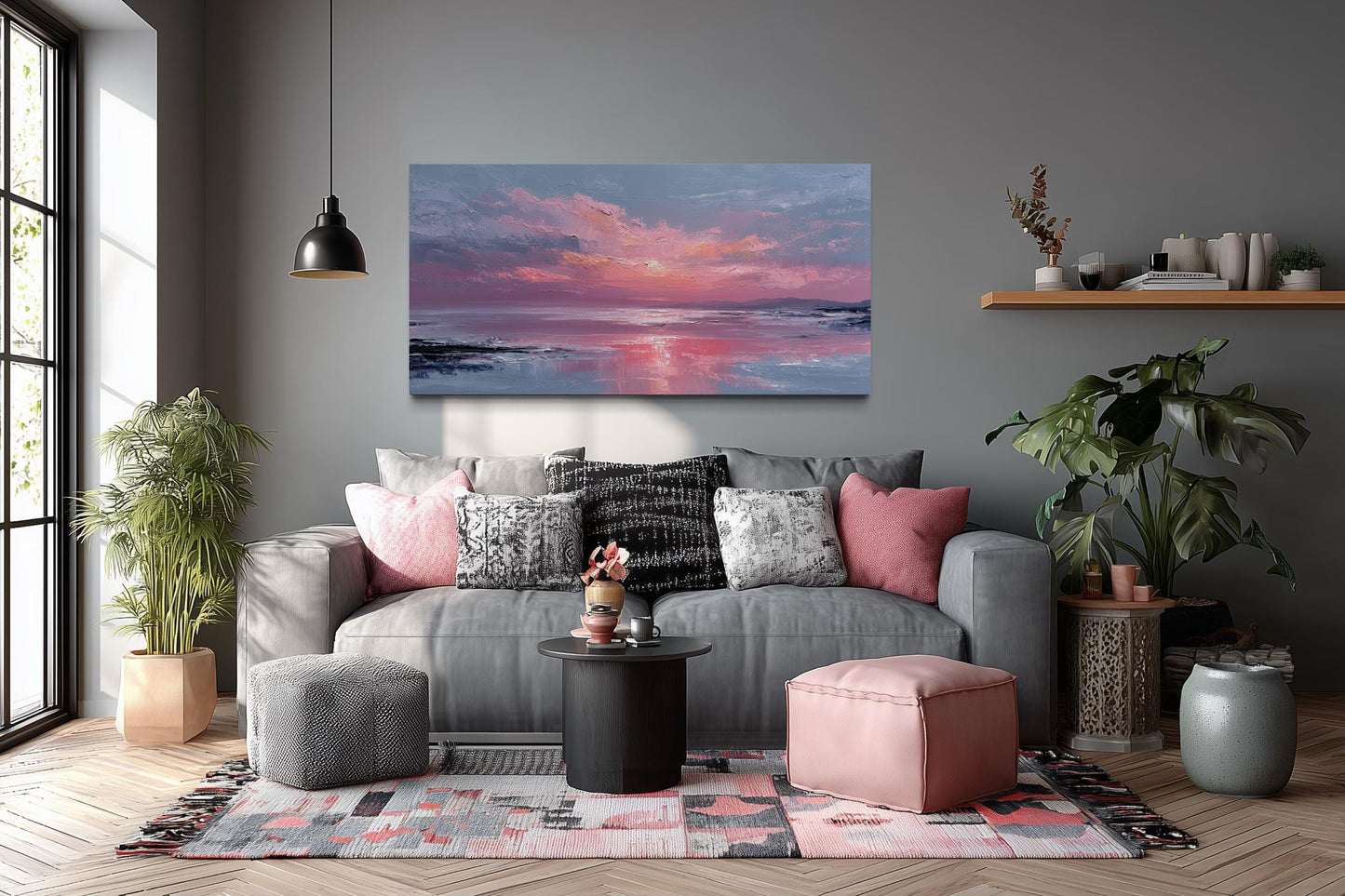 Blush Pink Ocean Sunset Coastal Canvas Wall Art