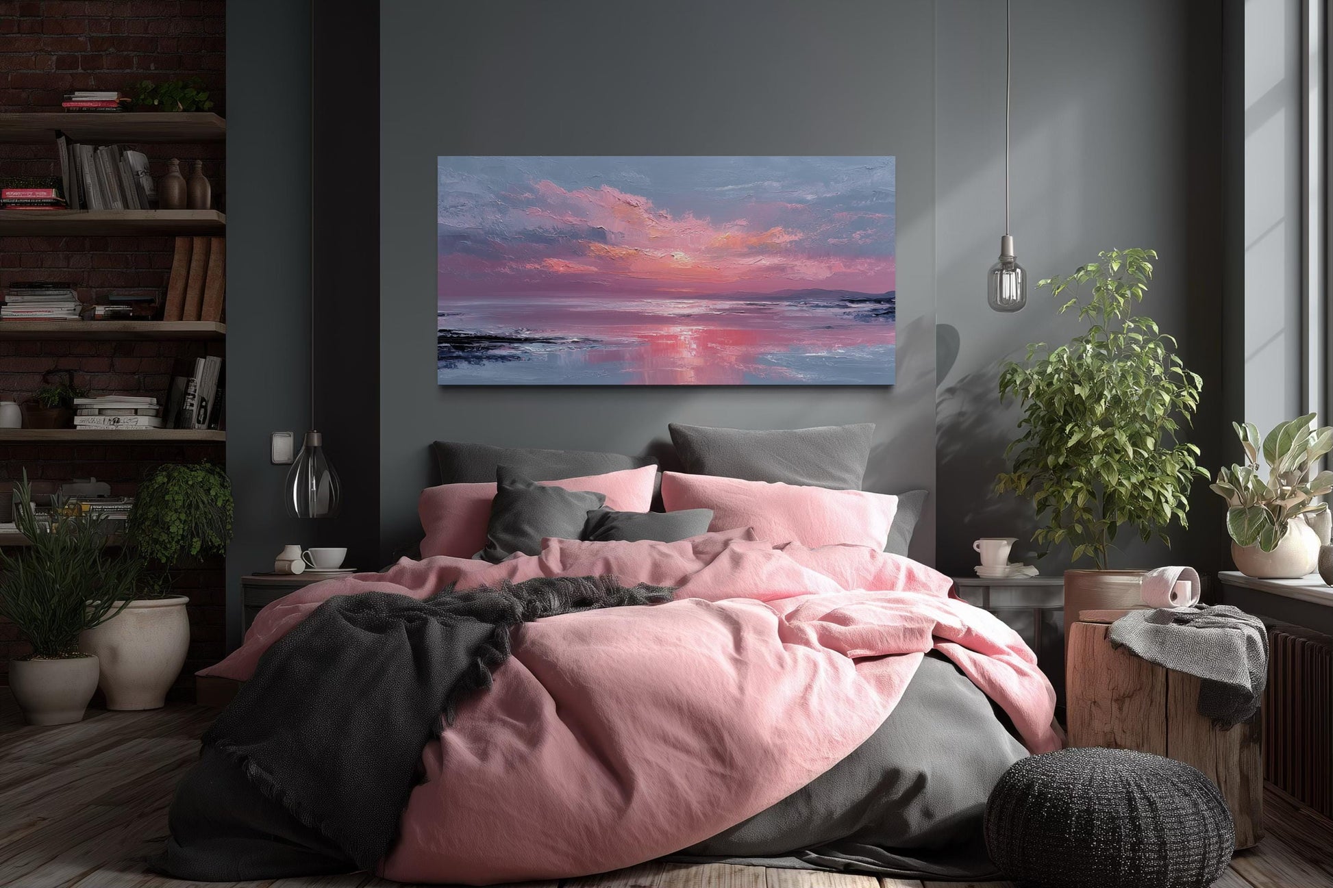 Blush Pink Ocean Sunset Coastal Canvas Wall Art