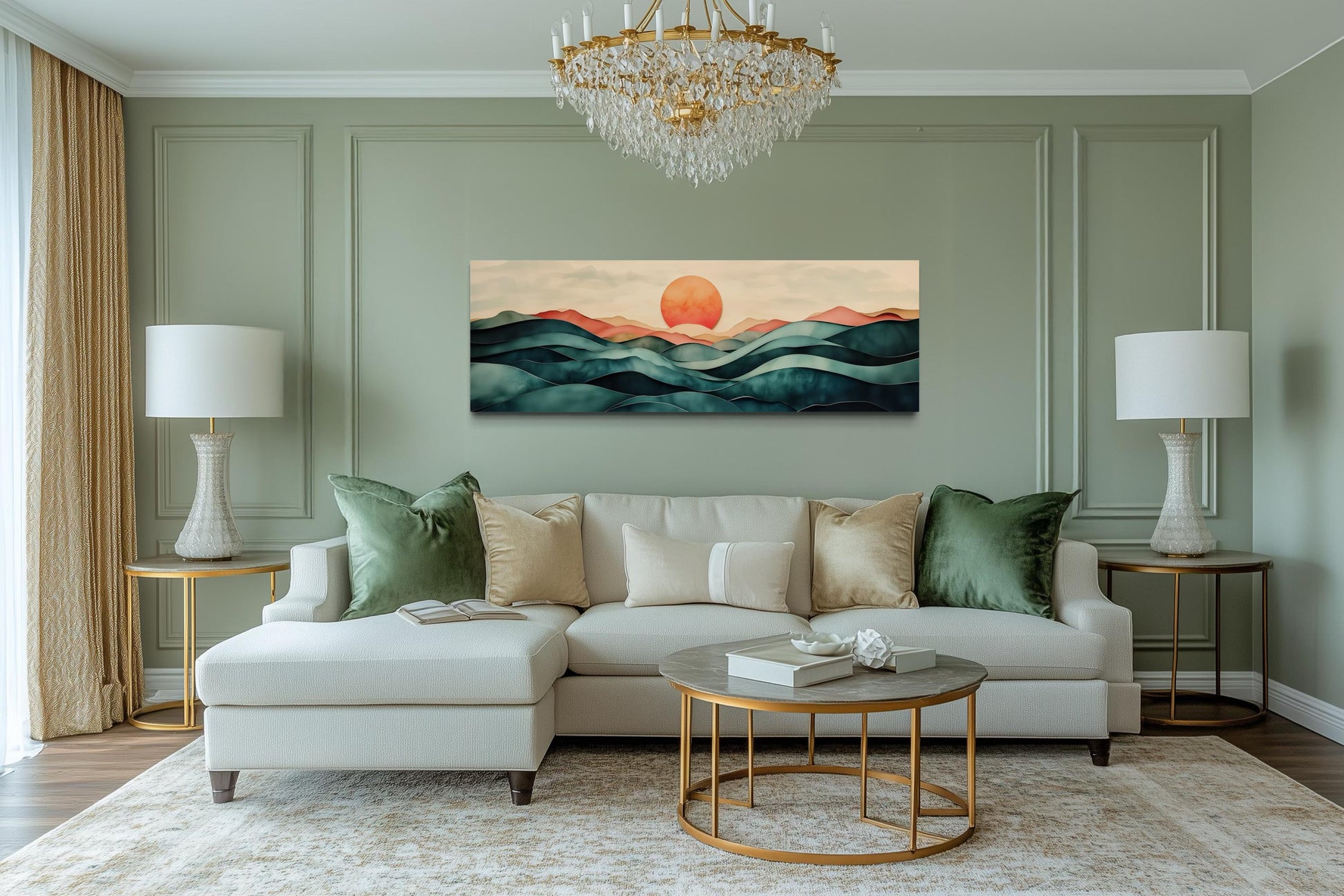 Blush Pink and Green Teal Mountain Sunset Long Horizontal Above Bed Canvas Wall Art