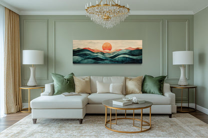 Blush Pink and Green Teal Mountain Sunset Long Horizontal Above Bed Canvas Wall Art