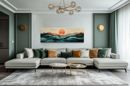 Blush Pink and Green Teal Mountain Sunset Long Horizontal Above Bed Canvas Wall Art