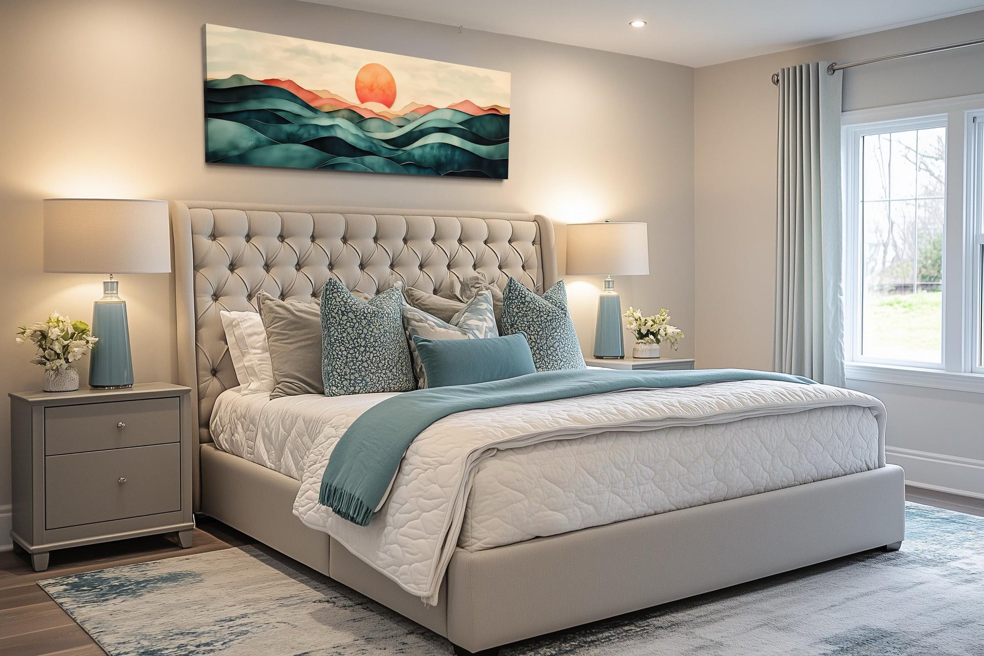 Blush Pink and Green Teal Mountain Sunset Long Horizontal Above Bed Canvas Wall Art